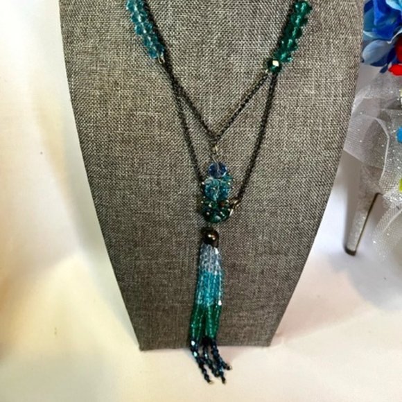 Turquois and Blue Long Beaded Necklace with Black Chain. - Picture 1 of 4